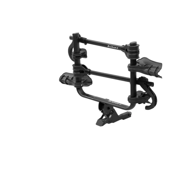 The Transfer™ v2, a black Kuat bike rack for vehicle hitches, is displayed isolated on a white background.