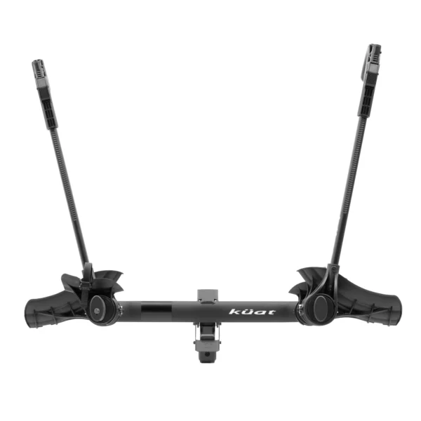 The Transfer™ v2 is a black Kuat hitch-mount bicycle rack featuring two upright arms and wheel holders for secure vehicle transport.