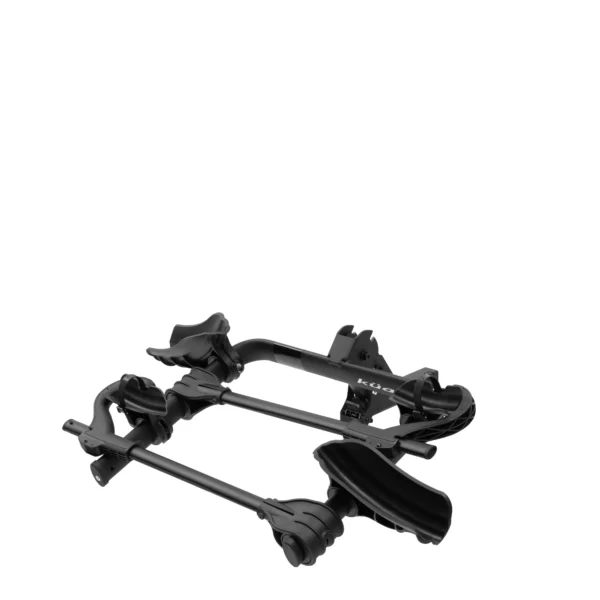 The Transfer™ v2 is a black metal bike rack with adjustable arms and wheel holders for vehicle mounting, shown on a white background.