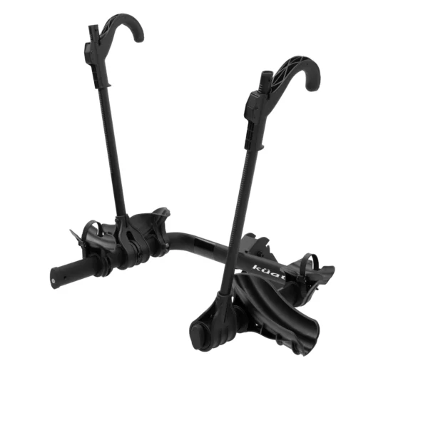 The Transfer™ v2 is a black car bike rack featuring two upright arms and adjustable straps for securing bicycles, designed for vehicle mounting.