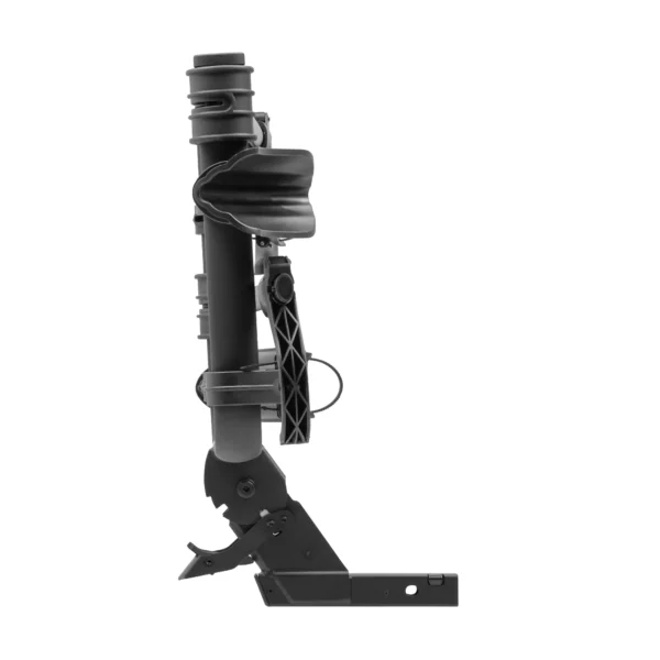 Side view of the Transfer™ v2 folded black wheelchair's leg rest with footplate and support components visible against a white background.