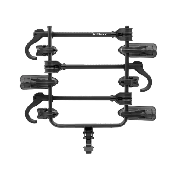 The Transfer™ v2 is a black Kuat bike rack for vehicles, designed to hold two bicycles, shown against a white background.