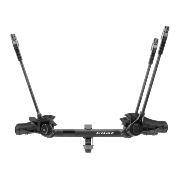 The Transfer™ v2 is a black Küat bike rack with two adjustable arms and a central mounting bar, designed for attachment to a vehicle hitch.
