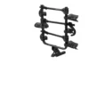 The Transfer™ v2 is a black hitch-mounted bike rack featuring four wheel trays, upright support arms, and secure attachment points for bicycles.