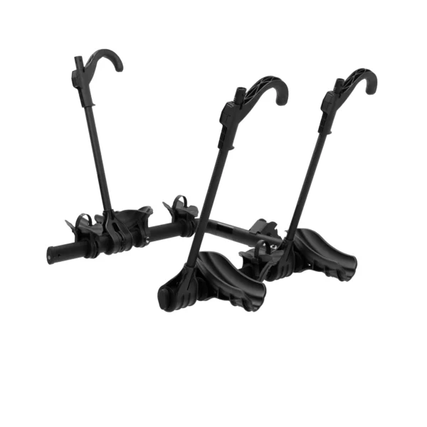 The Transfer™ v2 is a black, hitch-mounted bike rack featuring dual arms, two wheel trays, and upright supports, designed to securely hold two bicycles.