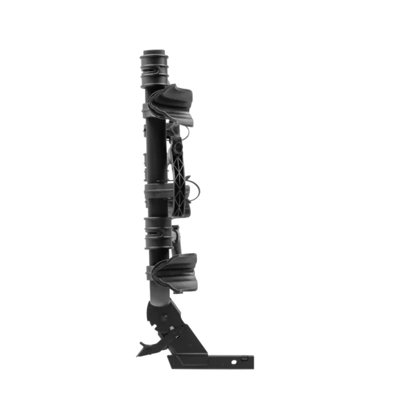 Side view of the Transfer™ v2, a black metal and plastic mechanical device with brackets and adjustable components, photographed on a plain white background.
