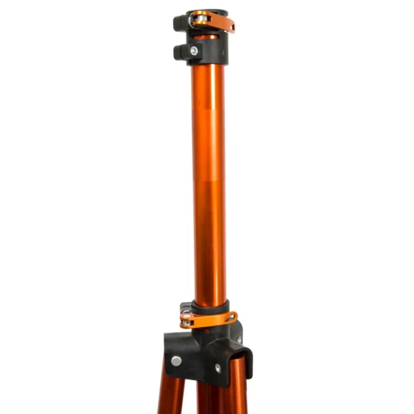 A close-up of the Tri Doc - Trail Doc Stand’s orange tripod leg with adjustable clamps and black plastic fittings, shown against a white background.