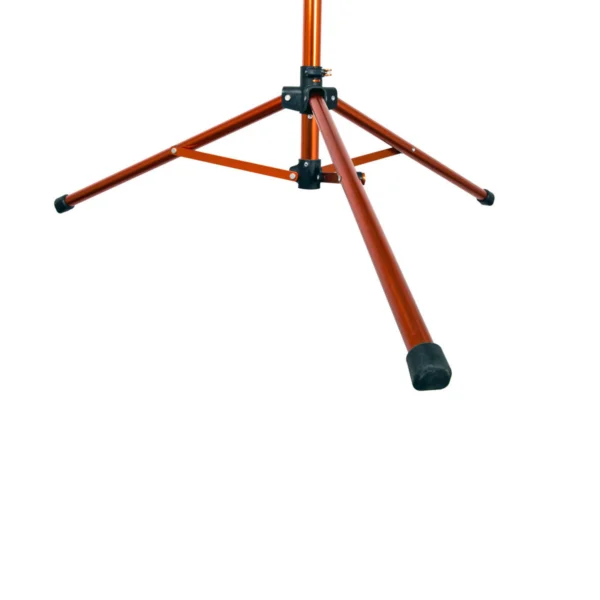 A close-up view of the orange metal base and legs of the Tri Doc - Trail Doc Stand tripod, featuring black rubber feet, isolated on a white background.
