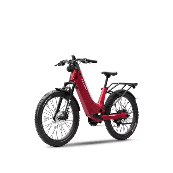 The Segway Xafari Electric Bike in red features thick tires, front suspension, and a rear cargo rack, shown at an angle against a plain white background.
