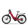 The Segway Xafari Electric Bike, featuring a red step-through frame, front suspension, rear rack, and knobby tires, is shown in side profile on a white background.