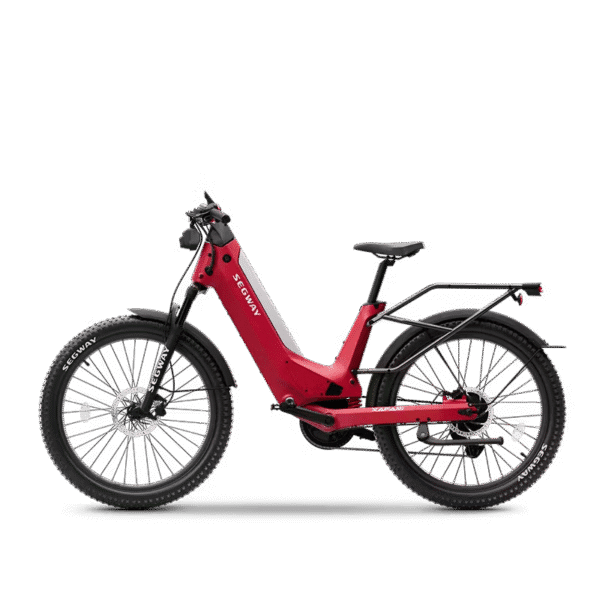 The Segway Xafari Electric Bike, featuring a red step-through frame, front suspension, rear rack, and knobby tires, is shown in side profile on a white background.