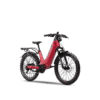 Segway Xafari Electric Bike in red, featuring a step-through frame, black handlebars, front suspension, thick tires, and a rear cargo rack, shown on a white background.
