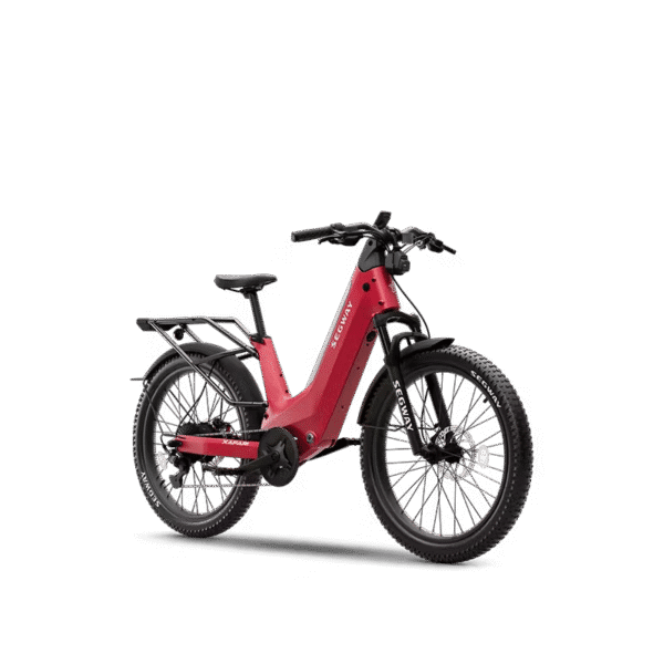 Segway Xafari Electric Bike in red, featuring a step-through frame, black handlebars, front suspension, thick tires, and a rear cargo rack, shown on a white background.