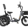 The Meet One Breeze Pro Fat Tire Electric Trike is a gray three-wheeled e-bike with a backrest seat, rear cargo rack, and front storage compartment, shown from the side on a white background.