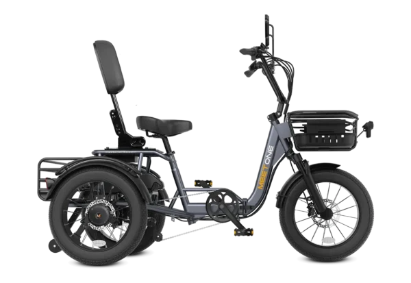 The Meet One Breeze Pro Fat Tire Electric Trike is a gray three-wheeled e-bike with a backrest seat, rear cargo rack, and front storage compartment, shown from the side on a white background.