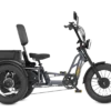 Side view of the Meet One Tour Dual Motor Dual Battery Electric Trike, a three-wheeled e-bike with a rear cargo box, large tires, and an upright seat with backrest for stability and utility.
