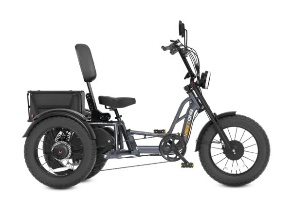Side view of the Meet One Tour Dual Motor Dual Battery Electric Trike, a three-wheeled e-bike with a rear cargo box, large tires, and an upright seat with backrest for stability and utility.