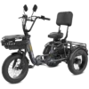 The Meet One Breeze Pro Fat Tire Electric Trike features three wheels, a padded seat with backrest, handlebars with mirrors, a front storage basket, and a rear cargo rack.
