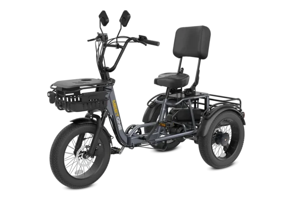 The Meet One Breeze Pro Fat Tire Electric Trike features three wheels, a padded seat with backrest, handlebars with mirrors, a front storage basket, and a rear cargo rack.