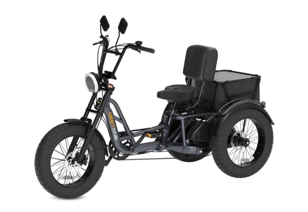 The Meet One Tour Lite Full Suspension Electric Trike features wide tires, upright handlebars, a front headlight, a cushioned seat with backrest, and a rear storage compartment.