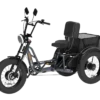 The Meet One Tour Dual Motor Dual Battery Electric Trike features a black frame, wide tires, front headlight, padded seat with backrest, and a storage compartment behind the seat.