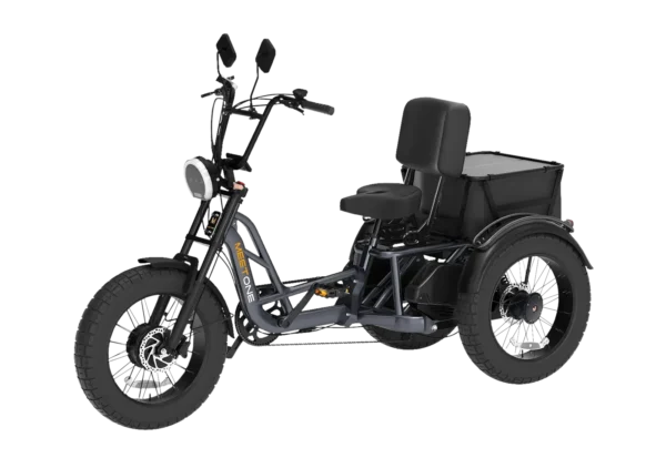 The Meet One Tour Dual Motor Dual Battery Electric Trike features a black frame, wide tires, front headlight, padded seat with backrest, and a storage compartment behind the seat.