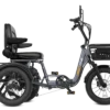 The Meet One Breeze Folding Electric Trike features three wheels, a padded seat with backrest, footrests, a front basket, and rear cargo rack, shown here in a side profile view.