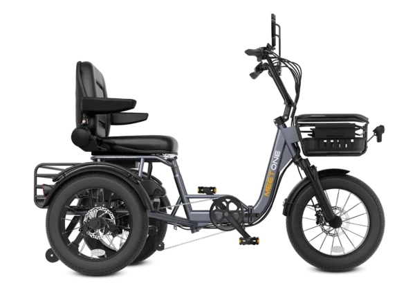 The Meet One Breeze Folding Electric Trike features three wheels, a padded seat with backrest, footrests, a front basket, and rear cargo rack, shown here in a side profile view.