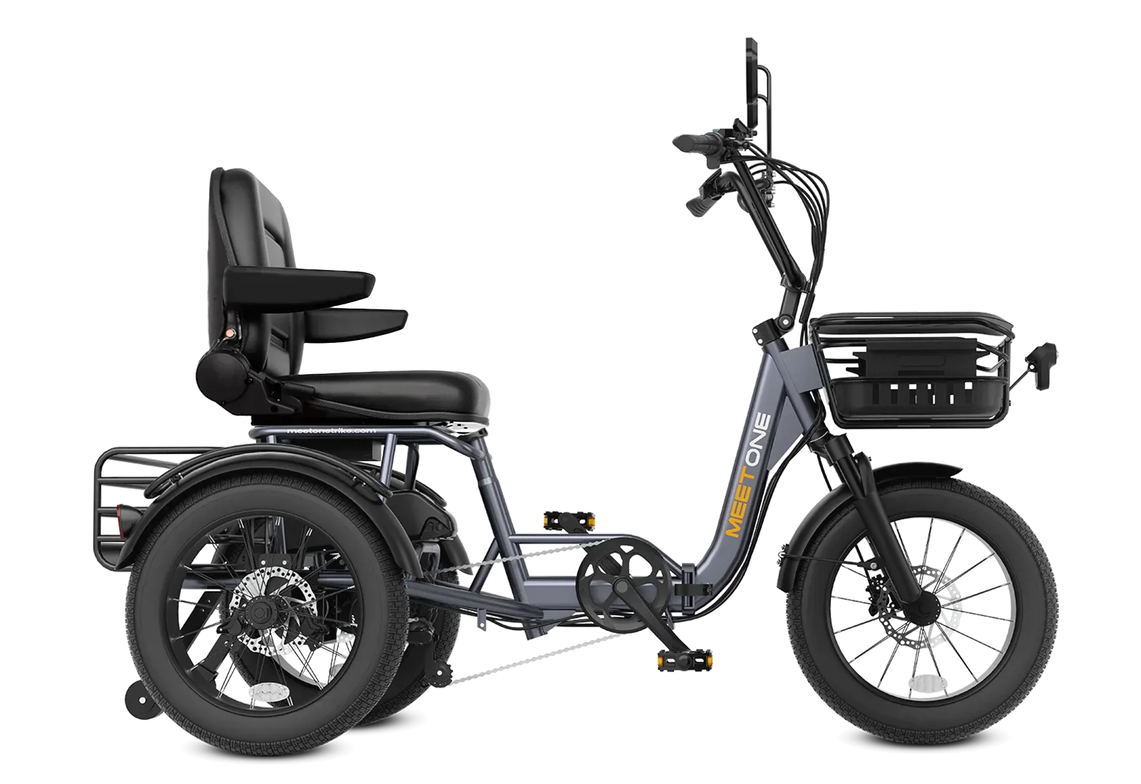 Side view of the Meet One Breeze Folding Electric Trike, a three-wheeled electric scooter with padded seat, backrest, front basket, and rear cargo rack, shown against a white background.