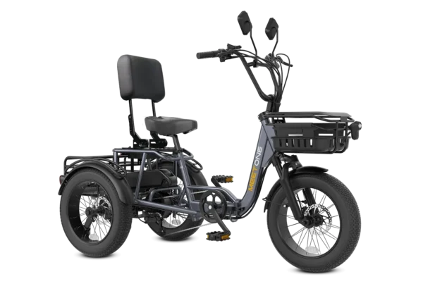 The Meet One Breeze Folding Electric Trike is a three-wheeled e-bike featuring a rear cargo rack, front basket, padded seat with backrest, handlebars, and rearview mirrors.