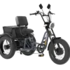 The Meet One Tour Dual Motor Dual Battery Electric Trike features three wheels, a black frame, large tires, a padded seat with backrest, and a storage compartment behind the seat.