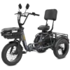 The Meet One Breeze Folding Electric Trike features a front basket, padded seat with backrest, rear cargo rack, and large tires, displayed against a white background.