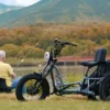 A person fishes by a lake with the Meet One Tour Dual Motor Dual Battery Electric Trike parked on the grass nearby, surrounded by trees and mountains.