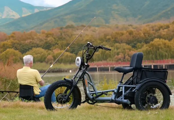 A person fishes by a lake with the Meet One Tour Dual Motor Dual Battery Electric Trike parked on the grass nearby, surrounded by trees and mountains.