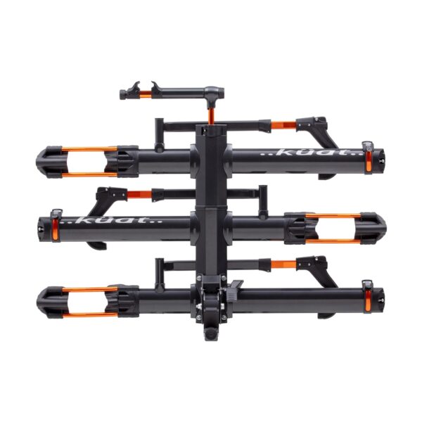 The NV™ 2.0 bike rack in black and orange holds two bicycles and is displayed upright against a white background.
