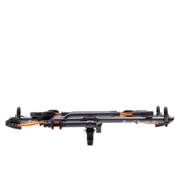 The NV™ 2.0 hitch-mounted bike rack, featuring orange and black components, is displayed folded horizontally against a white background.