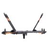 A front view of the NV™ 2.0, a black and orange hitch-mounted bike rack with two upright arms, set against a white background.