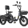 The Meet One Breeze Pro Fat Tire Electric Trike features a backrest seat, front basket, wide tires, dual rear wheels for stability, and a rear cargo rack—ideal for carrying loads with enhanced balance.