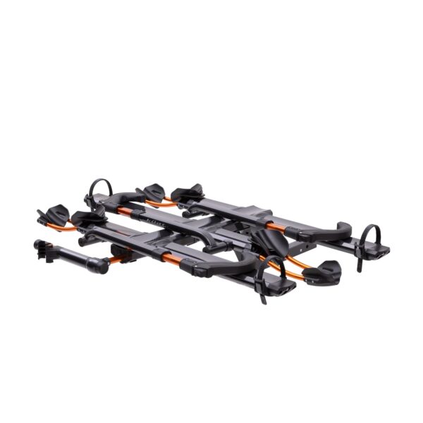 The NV™ 2.0 is a folded black bike rack with orange accents, designed to hold multiple bicycles, displayed on a plain white background.