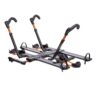 The NV™ 2.0 is a platform hitch bike rack with two wheel trays and adjustable arms, designed to securely transport two bicycles.