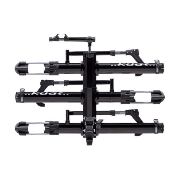A Kuat NV™ 2.0 bike rack in black, featuring two horizontal trays for carrying bicycles, shown from the rear against a white background.