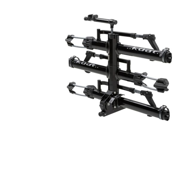 The NV™ 2.0 is a black metal bike rack with four mounting trays and "Küat" branding, designed to hold bicycles, shown against a white background.