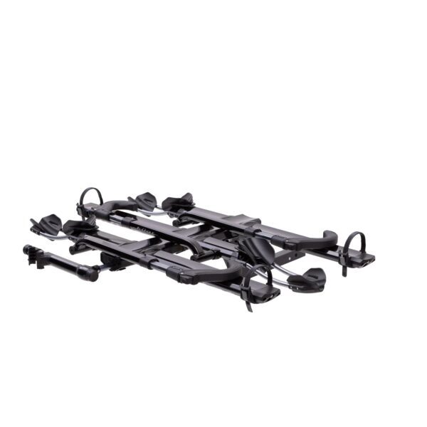 The NV™ 2.0 is a folded black metal bike rack with wheel holders and support arms for vehicle mounting, displayed on a white background.