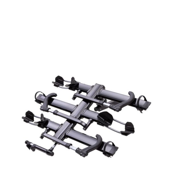 The NV™ 2.0 is a hitch-mounted bike rack for four bikes, featuring adjustable wheel holders and support arms, shown against a white background.