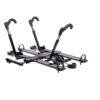The NV™ 2.0 is a black metal hitch-mounted platform bike rack with adjustable arms and wheel holders, designed to transport two bicycles.