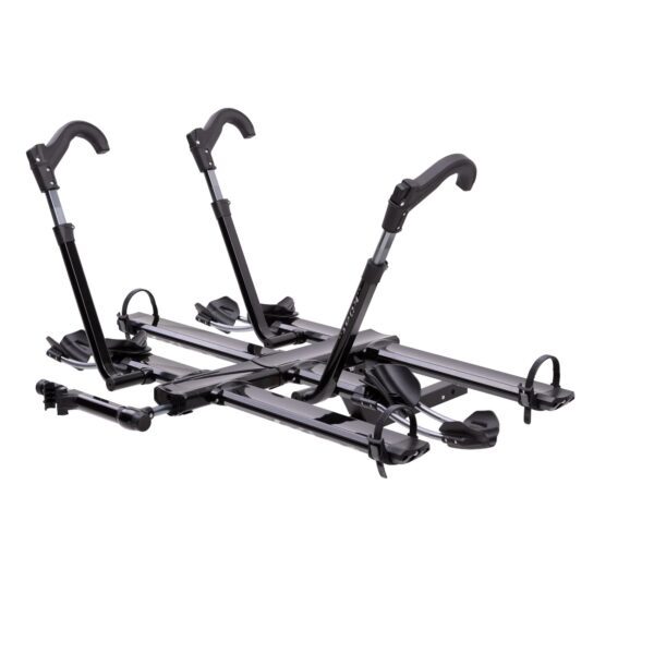 The NV™ 2.0 is a black metal hitch-mounted platform bike rack with adjustable arms and wheel holders, designed to transport two bicycles.