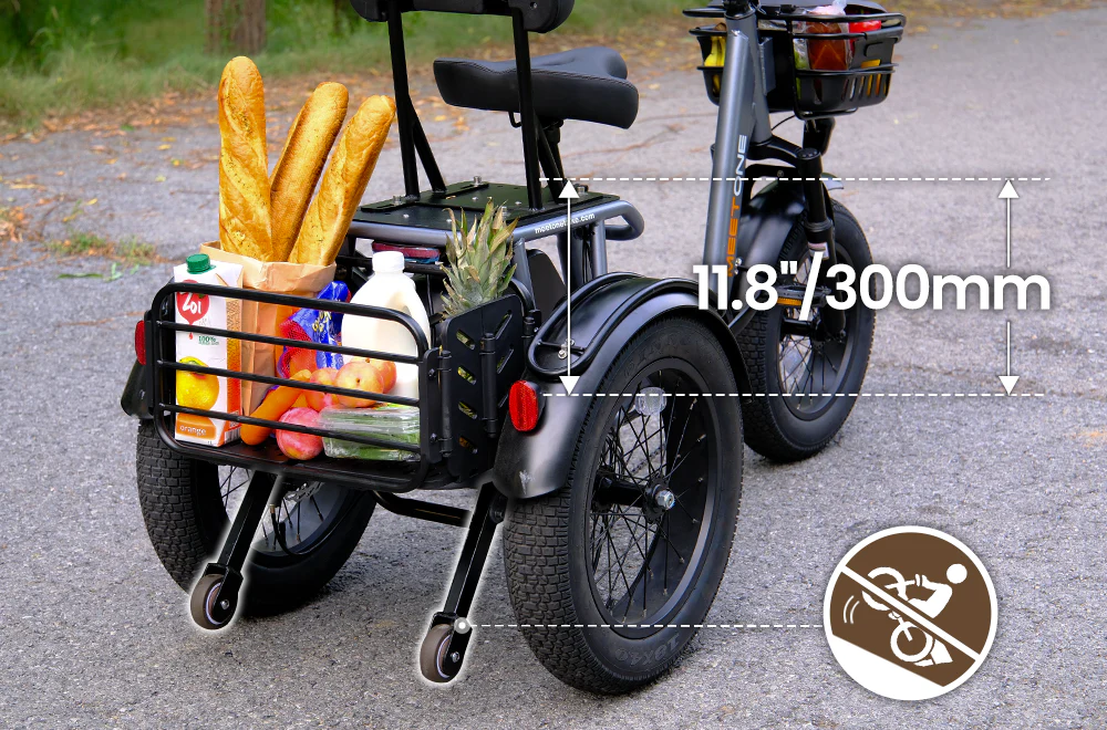 A cargo electric bike with a rear basket carrying groceries; a measurement of 11.8 inches (300 mm) is shown, along with a towing warning icon.