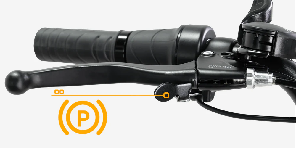 Close-up of a bicycle handlebar brake lever with a highlighted parking brake lock indicator and an orange parking symbol.