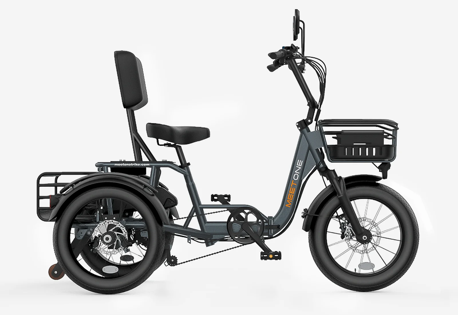 Electric tricycle with front and rear cargo racks, padded seat with backrest, three wheels, and handlebars, photographed from the side against a plain background.