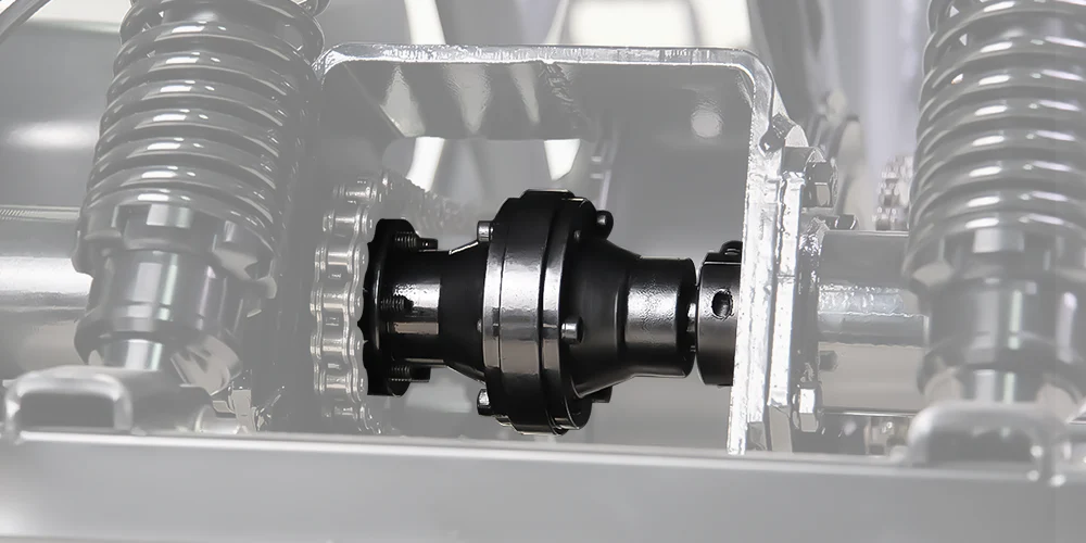 Close-up view of a mechanical differential system with visible gears, springs, and metal components, likely part of a vehicle's suspension assembly.